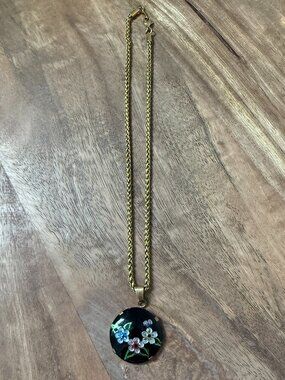 Vintage G. CANDELIER LIMOGES Enamel Flower Pendant Necklace Signed France